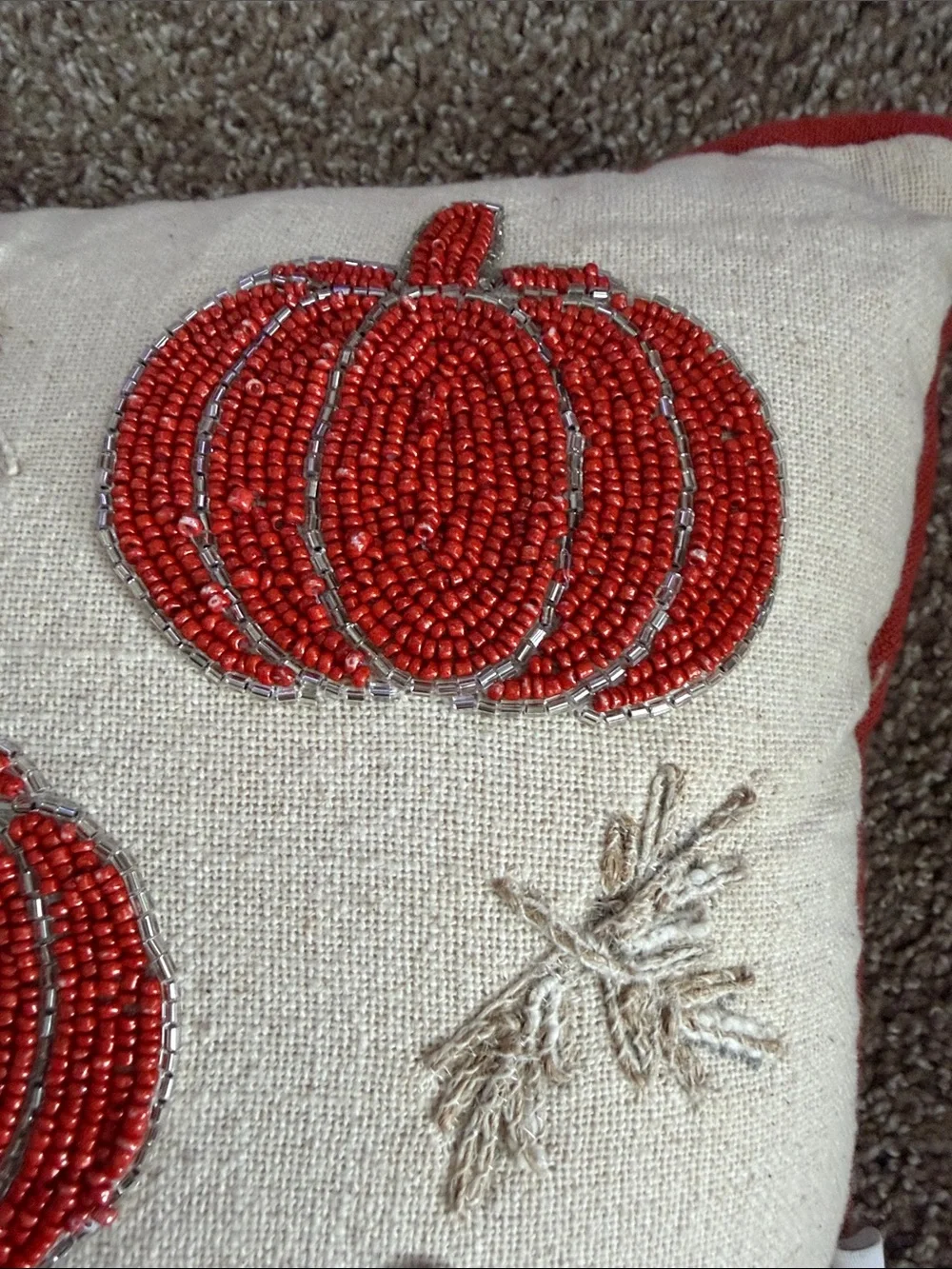 Beaded Pumpkin Accent Pillow - Red & Orange on Cream